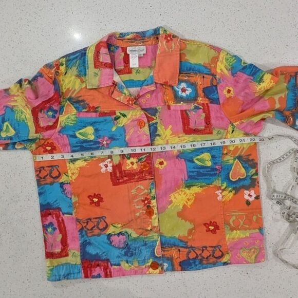 Coldwater Creek Cotton Jacket Multicolor Graffiti Artsy Collared Button Front L - Picture 4 of 10